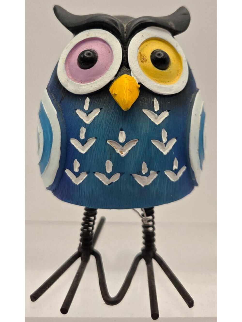 Hand Painted Blue Owl Figurine Metal Spring Legs Folk Art Decor 5" Cute